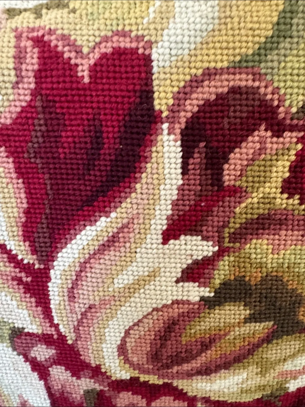 Floral needlepoint Throw Pillow in Red, Burgundy, Cream, Beige, Pink and Green